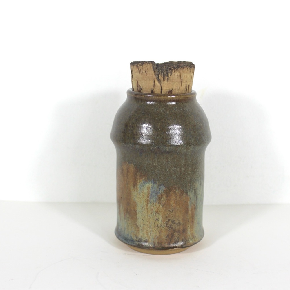 Vintage Signed Studio Pottery Jar or Pot with Cork Lid Ceramic Canister Bohemian